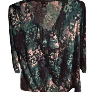 East 5th Ave. Teal, Black & White Printed Ruffle V-Neck Blouse